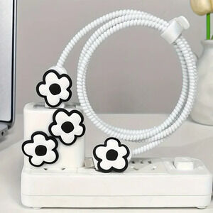 Black White Flowers iPhone Charger Cover Cable Protector P59